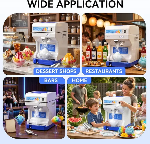 Vista 7 de Trituradora de hielo eléctrica, máquina de hacer cono de nieve de 250 W, grosor ajustable de 265 libras/hora para bar, fiestas, eventos, aperitivos