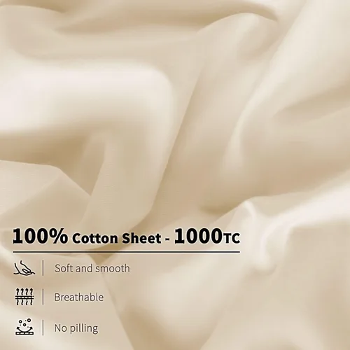 Vista 4 de Juego de sábanas 100% algodón egipcio de 4 piezas, 1000 hilos de Beige