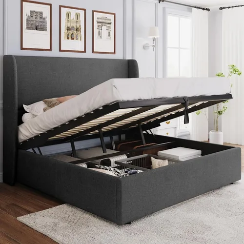 Vista 15 de PaPaJet Cama de Almacenamiento con Elevación Tamaño Queen, Marco de Cama Plataforma Tapizada con Almacenamiento Hidráulico/Cabecera Moderna Gris
