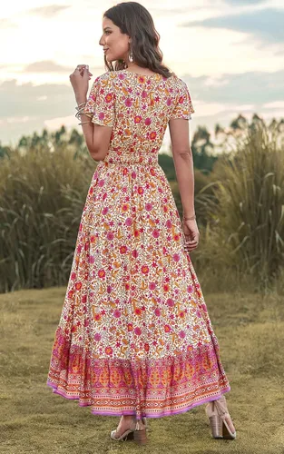 Vista 5 de PRETTYGARDEN Vestidos de verano florales bohemios con cuello en V profundo para mujer, manga corta, recortado, casual, fiesta, playa, maxi vestido