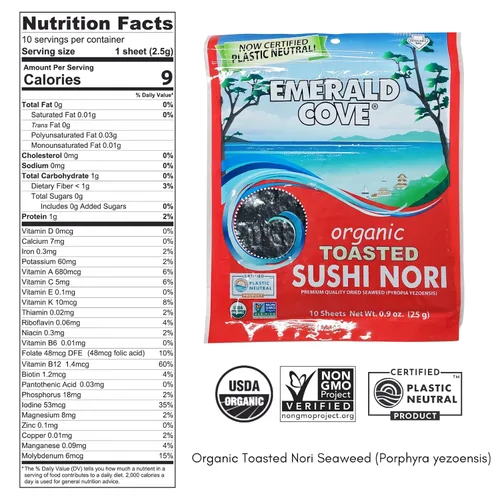 Vista 6 de Emerald Cove Organic Toasted Pacific Sushi Nori Sheets, 5.4 Oz, 10 Count, Pack of 6