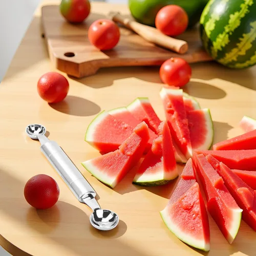 Vista 3 de Cuchara de bola de helado de doble punta plateada para frutas y verduras, cuchara de melón Baller, herramientas de frutas y verduras, cuchara