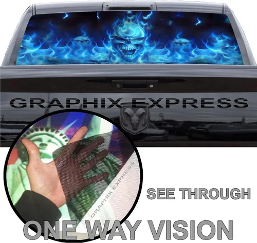 Vista 4 de GRAPHIX EXPRESS Gráficos para ventana trasera de camión (P492 Flaming Skull) envoltura de vinilo universal transparente para ventana trasera
