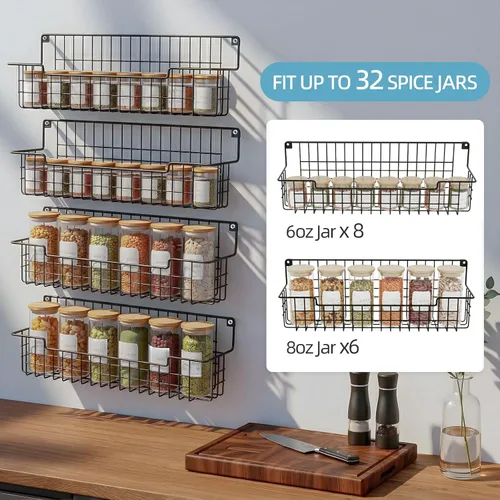 Vista 6 de Soporte de pared para especias, organizador de especias para gabinete y puerta de despensa, juego de 4 estantes colgantes para especias que ahorran