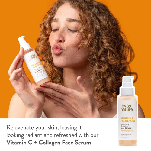Vista 3 de By Nature Suero facial con vitamina C + colágeno, restaura y energiza la piel cansada con vitamina C, colágeno voluminoso, más cúrcuma que mejora
