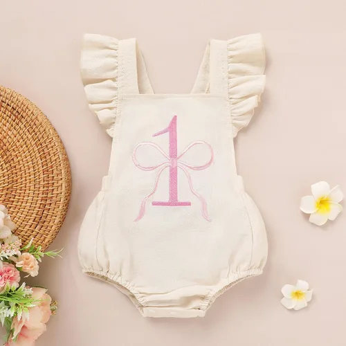 Vista 7 de GRNSHTS Trajes de primer cumpleaños para niñas con volantes para primer cumpleaños, mameluco sin espalda