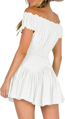 Vista 3 de Vestido pirata para mujer, con hombros descubiertos, vestido de verano con mangas de farol, con volantes, acampanado, casual, mini vestido de corsé