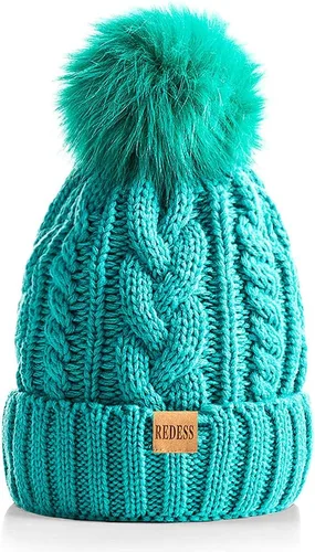 Vista 34 de Redess Gorro de invierno con pompón y forro polar cálido, grueso y holgado, tejido, para la nieve, para esquiar, para mujer Beige