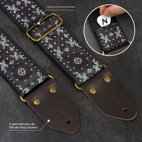 Vista 3 de Nefelibata Correa de guitarra, correas de guitarra de algodón bordado jacquard con extremos de cuero de caballo loco para bajo, eléctrico