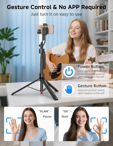 Vista 5 de Trípode para selfie stick de seguimiento facial automático de 69 pulgadas, trípode automático para teléfono, trípodes de viaje de apertura