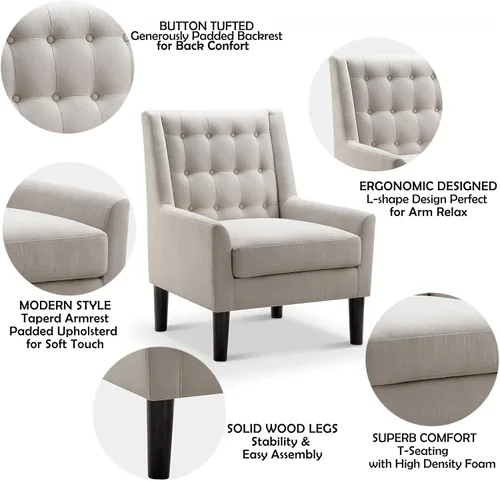 Vista 3 de Rosevera Maci - Sillas decorativas, sillón moderno de mediados de siglo para sala de estar, asiento cómodo para dormitorio, apartamento, fácil Beige