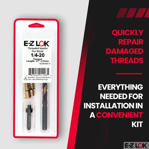 Vista 3 de E-Z LOK Kit de reparación de rosca hexagonal E-Z para insertos roscados con brida para madera blanda 1/4-20 x 13mm, perforador, herramienta