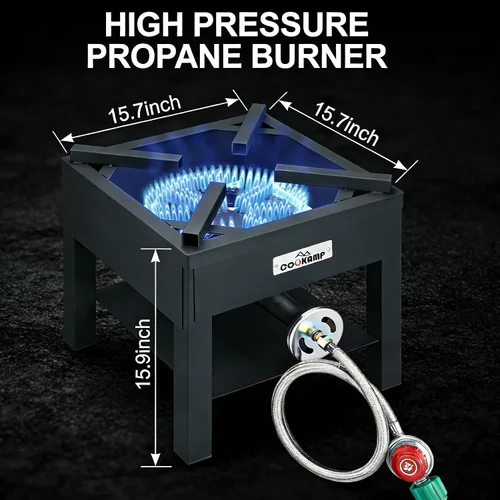 Vista 2 de COOKAMP Cocina de gas propano de alta presión de 1 quemador para exteriores, 260000 BTU con regulador ajustable de 0-30 PSI y manguera trenzada
