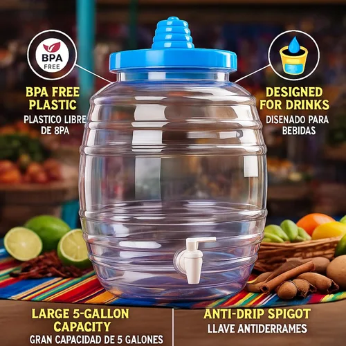 Vista 3 de Jarra de 5 galones con boquilla, dispensador de bebidas mexicanas Vitrolero Tapadera Aguas Frescas de jugo de agua, recipiente transparente de 20 L