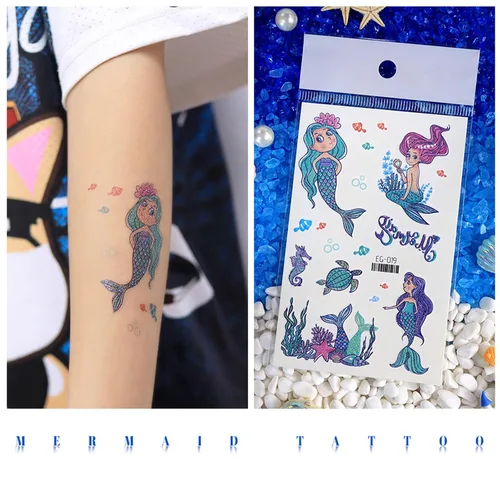 Vista 5 de Yobbai Tatuajes temporales con purpurina para niños, estilos mixtos de mariposa, panda, criatura marina, sirena y dinosaurio, tatuajes falsos
