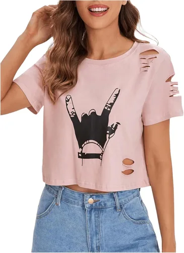 Vista 7 de SweatyRocks - Camiseta de manga corta con estampado gráfico y diseño desgastado para mujer Gesto Negro