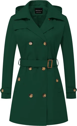 Vista 14 de CREATMO US Gabardina para mujer con doble botonadura clásica con solapa, con cinturón y capucha desmontable Albaricoque