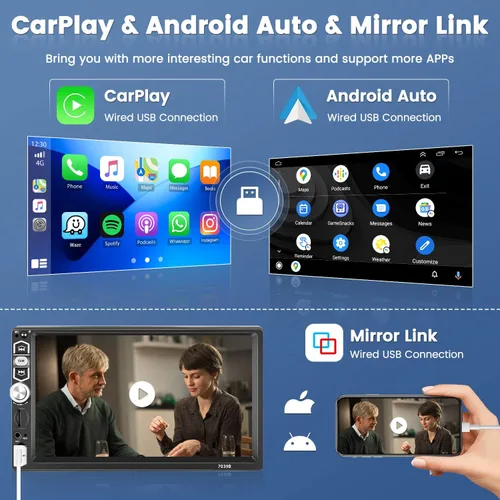 Vista 2 de 7 pulgadas CarPlay Single Din pantalla táctil Radio del coche: Android Auto Car Radio 1 Din con Bluetooth 5.1 AUX USB TF SD ranura FM Radio SWC EQ