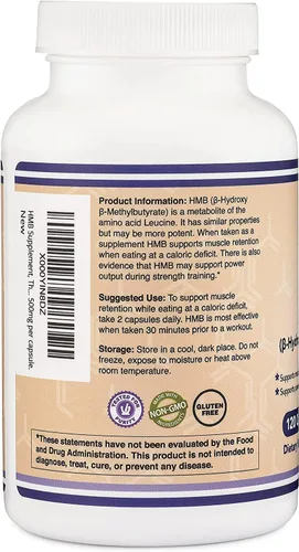 Vista 4 de Double Wood Supplements Suplemento HMB, probado por terceros, sin OMG, sin gluten, 120 cápsulas, 1000 mg por porción, 500 mg por cápsula