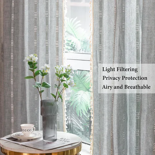 Vista 3 de Cortinas de lino de granja estilo bohemio Aveboll de 63" 84" 96" pulgadas de largo, juego de 2 paneles, cortinas modernas y rurales con bordado