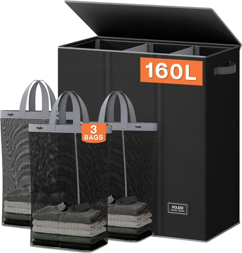 Vista 19 de SOLEDI Cesta de lavandería de 3 secciones de 180L con tapa, cesta de ropa sucia extragrande con asas resistentes para lavandería y dormitorio