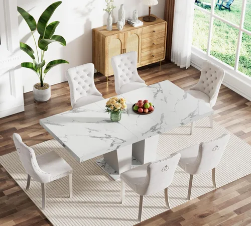 Vista 90 de Juego de mesa de comedor extensible marrón de 63 a 78.74 pulgadas para 4, juego de mesa de comedor de 5 piezas con 4 sillas, mesa de cocina
