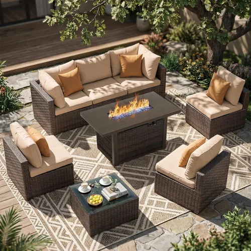 Vista 16 de Juego de muebles de patio al aire libre, 7 piezas, sofá seccional de mimbre con cojines y mesa de té, sofá de conversación de ratán para patio Beige