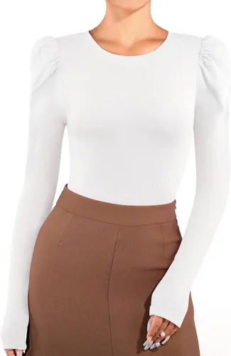 Vista 2 de MANGOPOP Camiseta elegante de manga larga con cuello redondo para mujer
