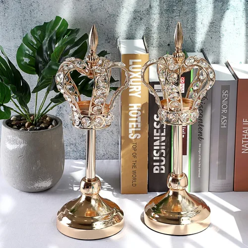 Vista 5 de OwnMy 2 portavelas de corona de cristal, portavelas de metal, candelabros votivos de cristal dorado, elegante portavelas para mesa de comedor, 14