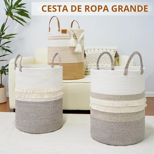 Vista 8 de danpinera - Cesta grande de 79 L para ropa sucia, cesta tejida de algodón con asas, cesta de almacenamiento para ropa sucia en el baño, cesta