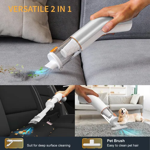 Vista 5 de Aspiradora portátil inalámbrica para automóvil, 5 en 1, mini aspiradora de mano inalámbrica con filtro HEPA, 2 modos de succión, potencia de succión