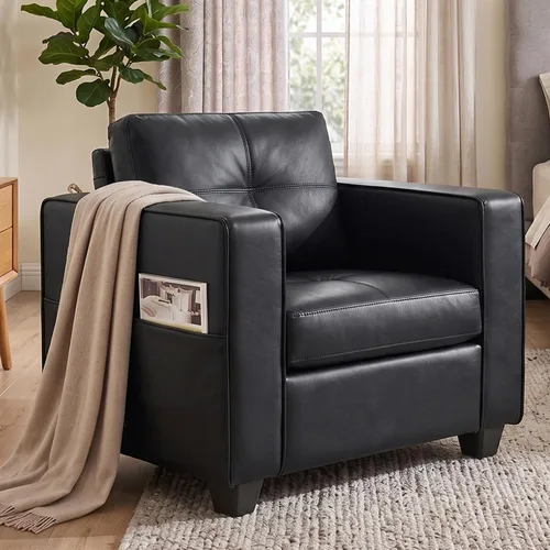 Vista 9 de TYBOATLE - Silla Accent cómoda de cuero sintético negro para sala de estar, silla de lectura extragrande con botones decorativos, estilo moderno
