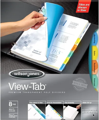 Vista 2 de Wilson Jones 55567 Separadores de índice transparentes con pestaña visual, 8 pestañas, rectángulo, letra, surtido (caja de 5 juegos)