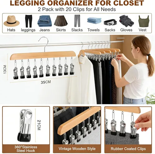 Vista 6 de Organizador de armario con 10 clips, organizador colgante de armario ajustable de madera para armario, colgador de pantalones de acero inoxidable