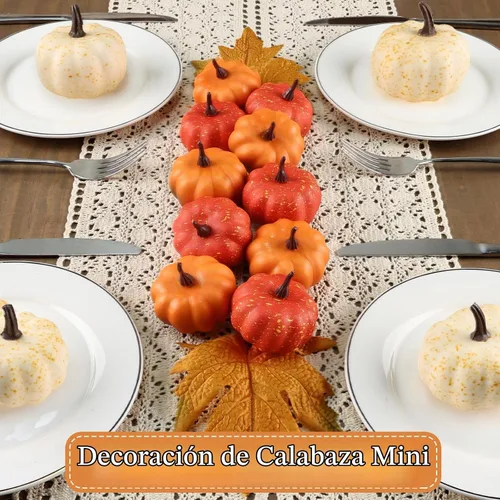 Vista 2 de LZNPA Juego de 16 mini calabazas artificiales artificiales con hojas de otoño, espuma de plástico tallable, pequeñas calabazas blancas