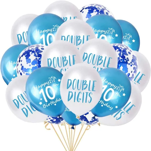 Vista 8 de Decoraciones de cumpleaños número 10 para niños, decoración negra de papel de aluminio de doble dígito, pancarta negra número 10 con globos