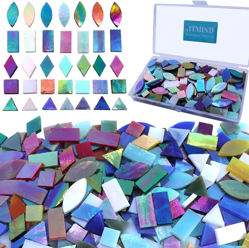 Vista 9 de LITMIND Azulejos de Mosaico de Vidrio Iridiscente Estilo Vitral para Manualidades, 240 Piezas 5 Formas Mixtas de Piezas de Vidrio de Mosaico, Kits