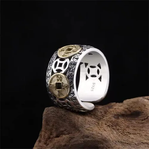 Vista 7 de Anillo de cobre Wufu con moneda de cinco emperadores, anillo de plata con índice retro de la suerte, anillo vintage ajustable para hombres