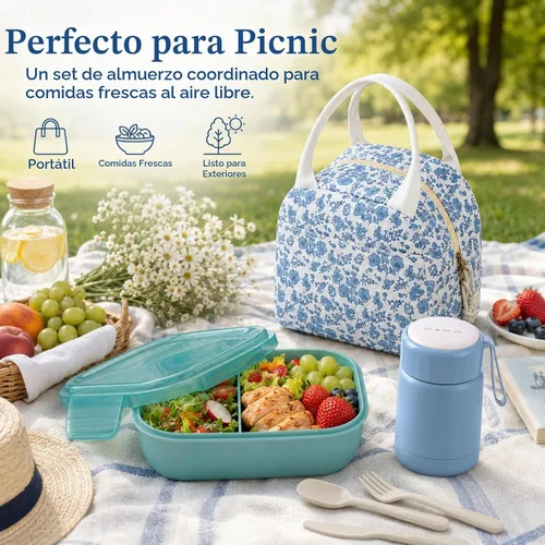 Vista 6 de Juego de lonchera Bento para mujer, con termo de sopa de 12 onzas, con recipientes de alimentos a prueba de fugas, bolsa de almuerzo aislada