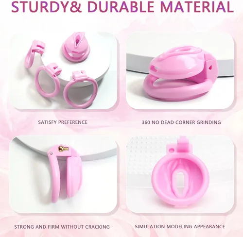 Vista 4 de AMAZBEE Jaula de castidad de mariquita rosa, jaula de castidad para adultos, dispositivo de castidad para adultos, con 4 anillos para el pene, jaula
