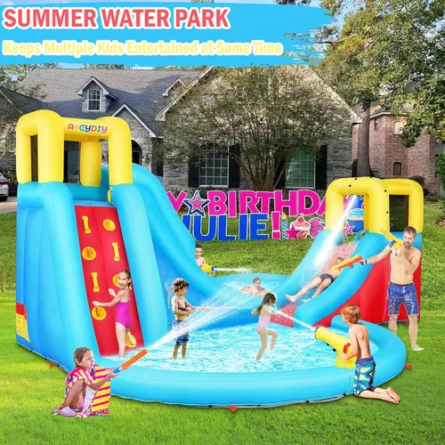 Vista 3 de AKEYDIY Toboganes acuáticos inflables, estilo circular al aire libre parque acuático inflable con escalada, borde de baloncesto, piscina