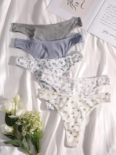 Vista 2 de SHENHE Paquete de 5 tangas con estampado floral para mujer, de tiro bajo, ropa interior diaria