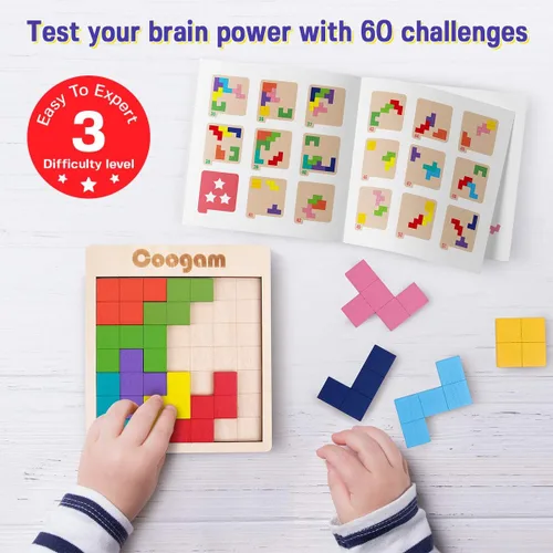 Vista 2 de Coogam Rompecabezas de madera con patrón de bloques de cerebro juego con 60 desafíos, juguete de construcción ruso 3D de madera en forma de tangram