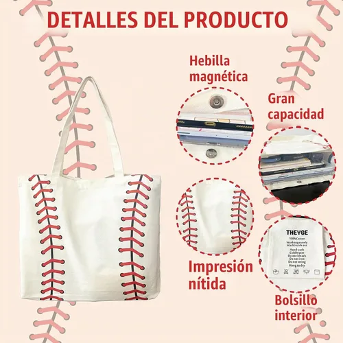 Vista 5 de Bolsa de béisbol para mujer, bolsa grande de lona de algodón de béisbol, reutilizable, bolsa de compras, playa, viaje, deporte, gimnasio, bolsa