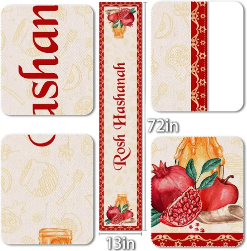 Vista 2 de Vohado Camino de mesa de lino Rosh Hashanah Shana Tova decoración de mesa judío Año Nuevo fiesta hogar cocina comedor decoración de mesa 13 x 72