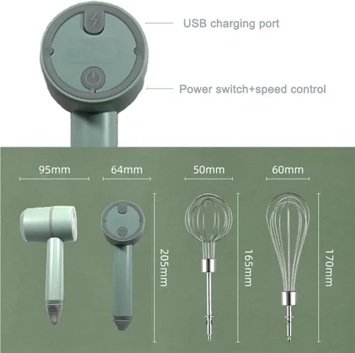 Vista 7 de Batidora de Mano, Mezclador de Mano Eléctrico Portátil Inalámbrico, 3 velocidades Recargable por USB con Batidoras Gemelas y Separador de Huevos