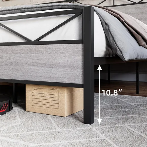 Vista 4 de Senfot Base de cama de tamaño matrimonial con cabecera y estribo de madera rústica, plataforma de metal, soporte de listones de acero resistente,