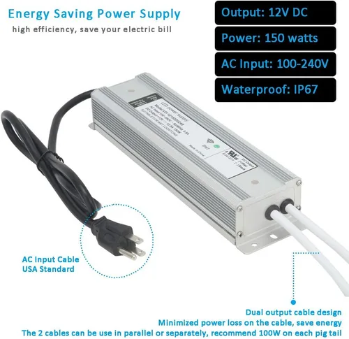 Vista 2 de Fuente de alimentación LED de 150 W 12 V Convertidor de CA a CC - Transformador IP67 impermeable con enchufe de 3 puntas, adaptador de corriente
