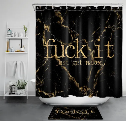 Vista 14 de Cortina de ducha de mármol negro y dorado, con citas divertidas Fuck It Get Naked de arte abstracto de mármol para baño, 60 x 72 pulgadas, tela