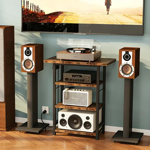 Vista 5 de Homeiju Soporte multimedia AV de 4 niveles con toma de corriente, soporte de madera para tocadiscos, centro de entretenimiento con estantes